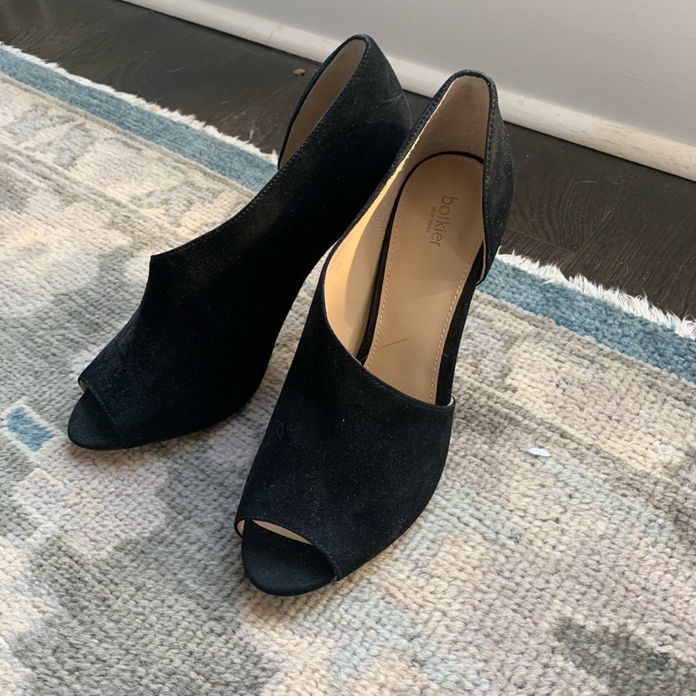 Botkier asymmetrical black suede heels
